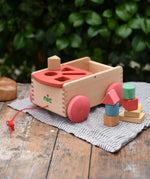 Nic wooden carriage shape sorter pull along toy. 8 wooden blocks in various shapes and colours.