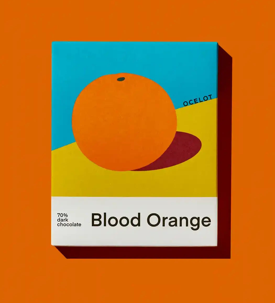Ocelot Blood Orange Organic 70% Dark Chocolate in geometric style design packaging.