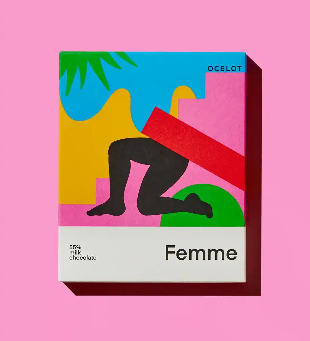Ocelot Femme Organic 55% Dark Milk Chocolate in a box with a geometric design.