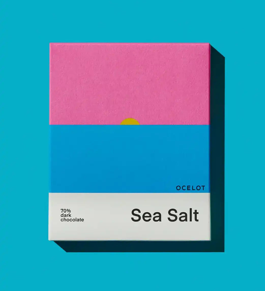 Ocelot Sea Salt Organic 70% Dark Chocolate in a geometric style design packaging.