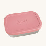 A One Green Bottle lunchbox in rose colour. A stainless steel plastic free lunchbox available at Bapipur. Features a pale pink silicone lid. 