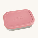 A One Green Bottle lunchbox in rose colour. A stainless steel plastic free lunchbox available at Bapipur. Features a pale pink silicone lid. 