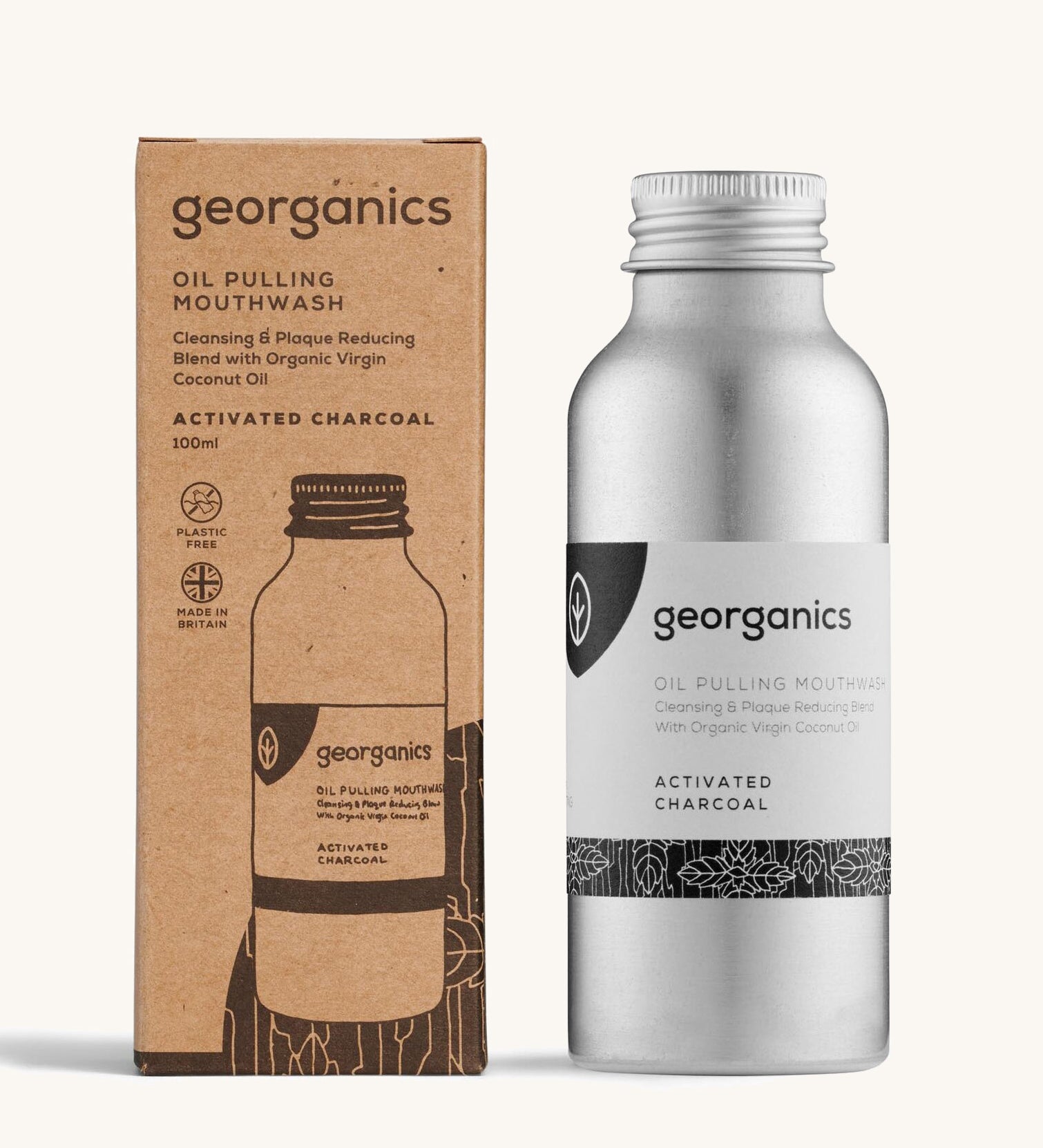 A bottle of the Georganics activated charcoal oil pulling mouthwash with the box