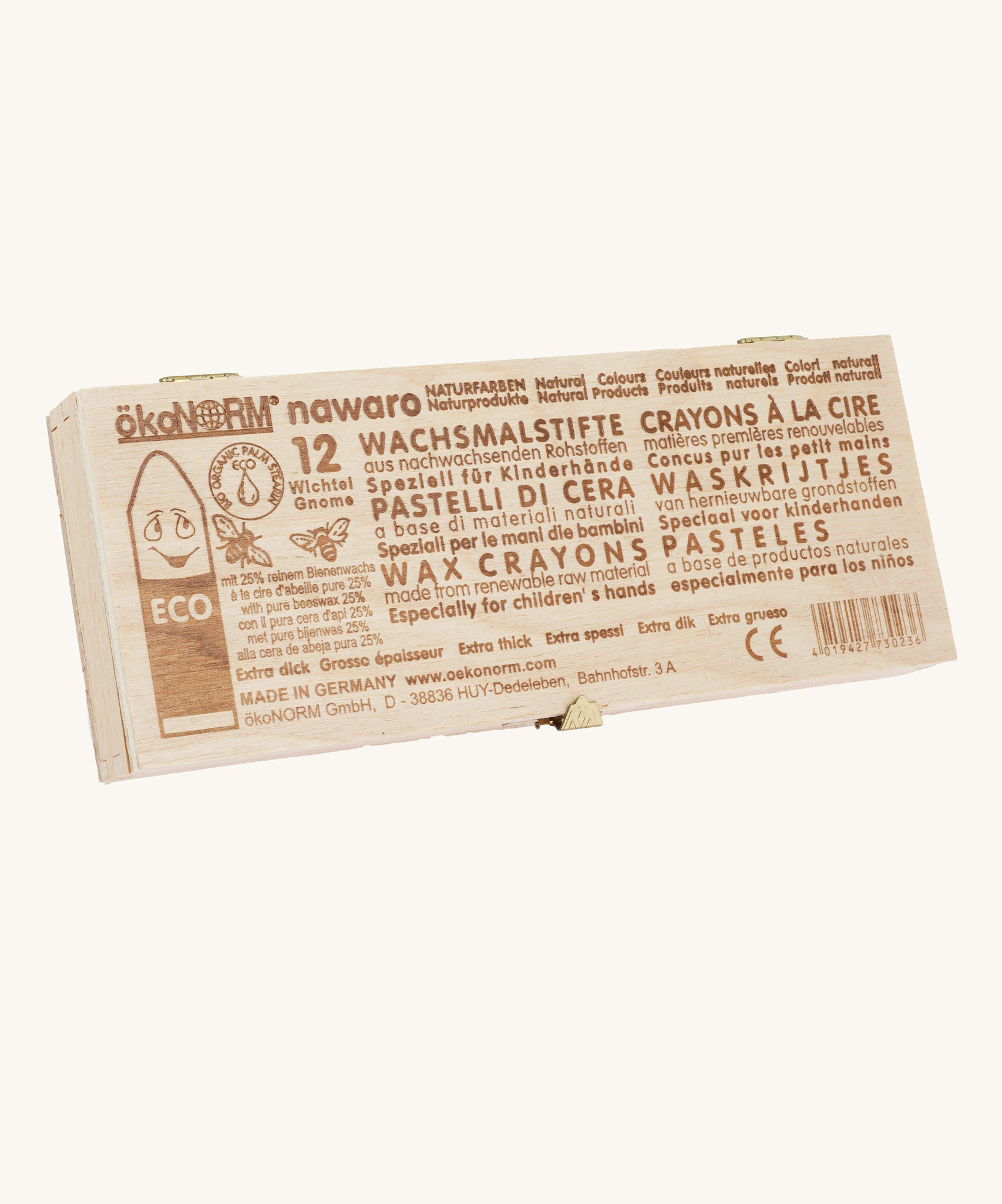 Okonorm Stubby Beeswax Crayons in a Wooden Box with 12 Colours. 