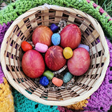 Eggs decorated in a tie dye style using the Okonorm egg dye kit.