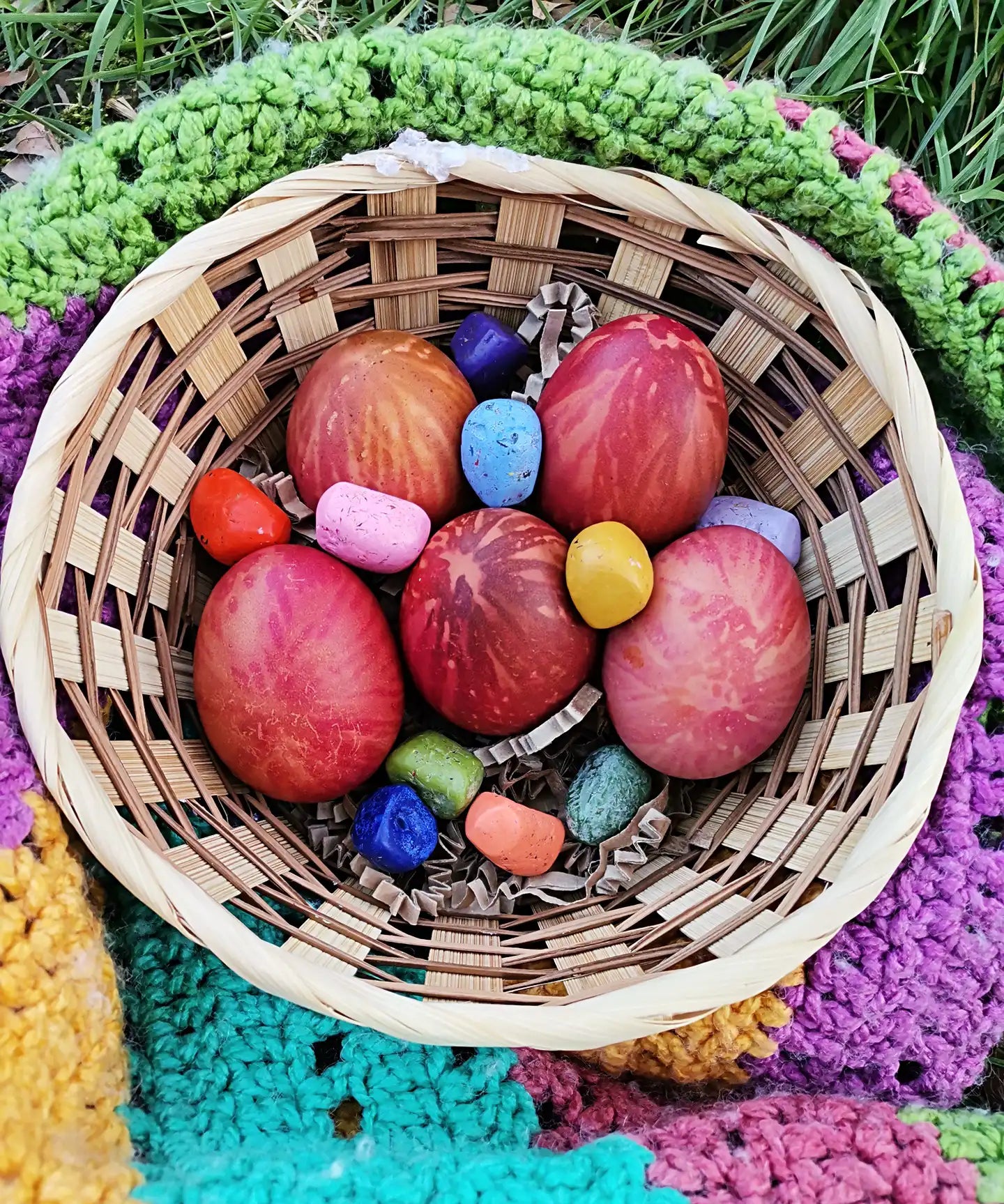 Eggs decorated in a tie dye style using the Okonorm egg dye kit.