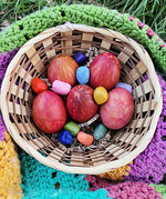 Eggs decorated in a tie dye style using the Okonorm egg dye kit.