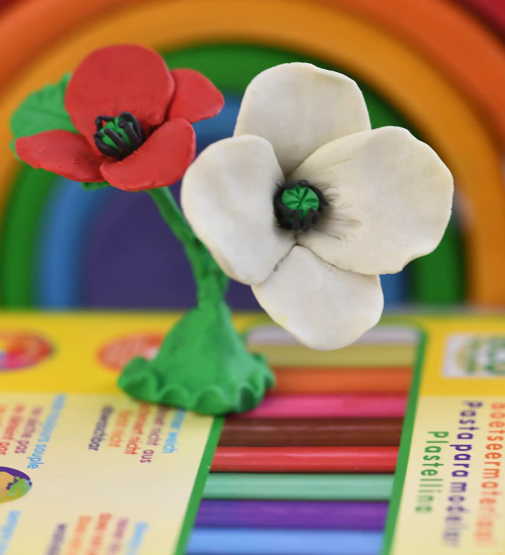 White and red poppy created from OkoNorm modelling clay, placed on the back. 