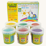 OkoNorm Play Dough Set in a set of 6 Unicorn rainbow themed Colours. One pot each of yellow, green, orange, blue, red and purple.