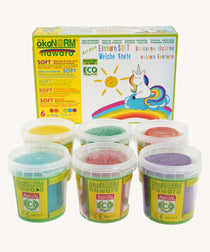 OkoNorm Play Dough Set in a set of 6 Unicorn rainbow themed Colours. One pot each of yellow, green, orange, blue, red and purple.