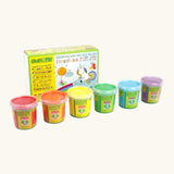 OkoNorm finger paints in 6 unicorn  colours, red, orange, yellow, green blue and purple pots lined up in front of the cardboard packing box.