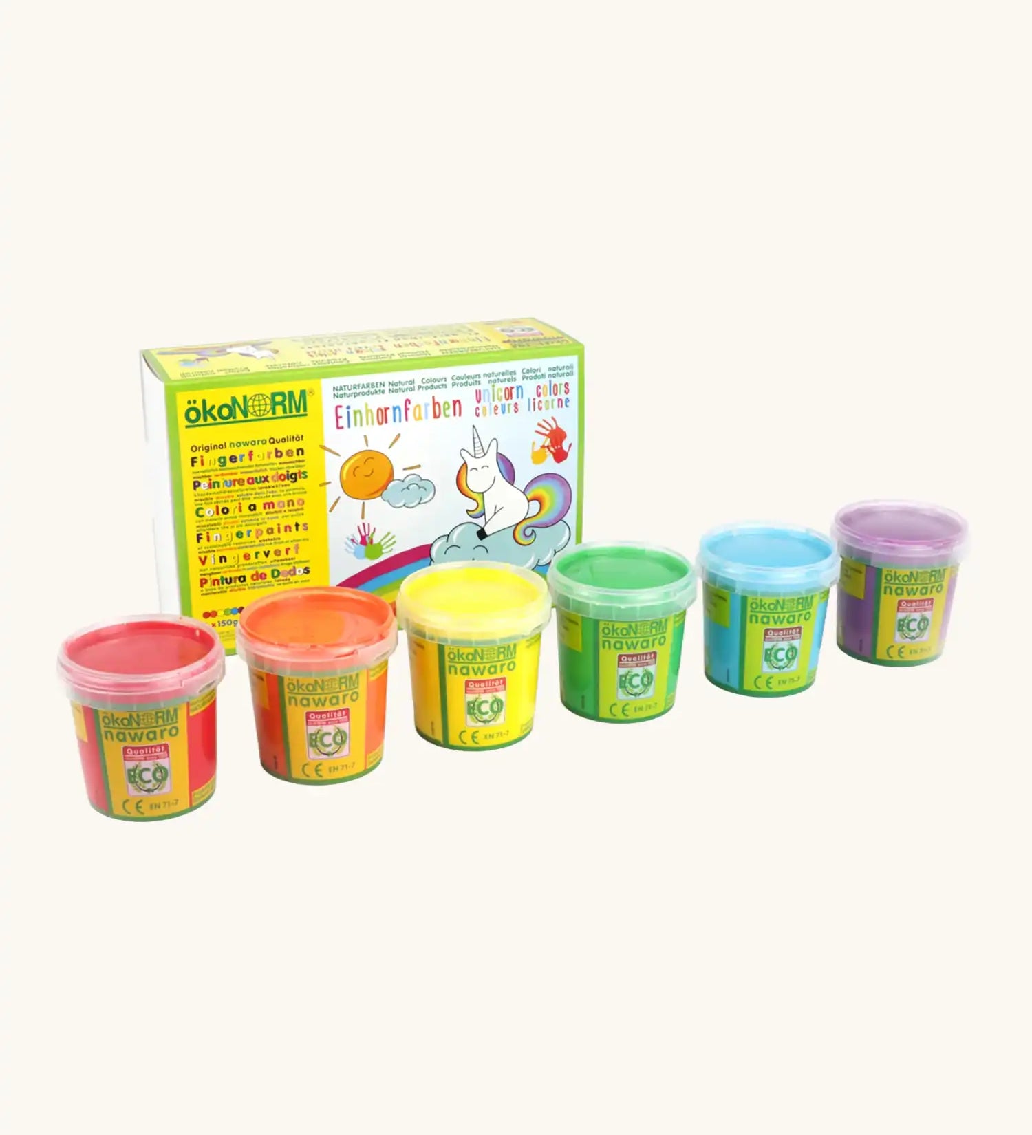 OkoNorm finger paints in 6 unicorn  colours, red, orange, yellow, green blue and purple pots lined up in front of the cardboard packing box.