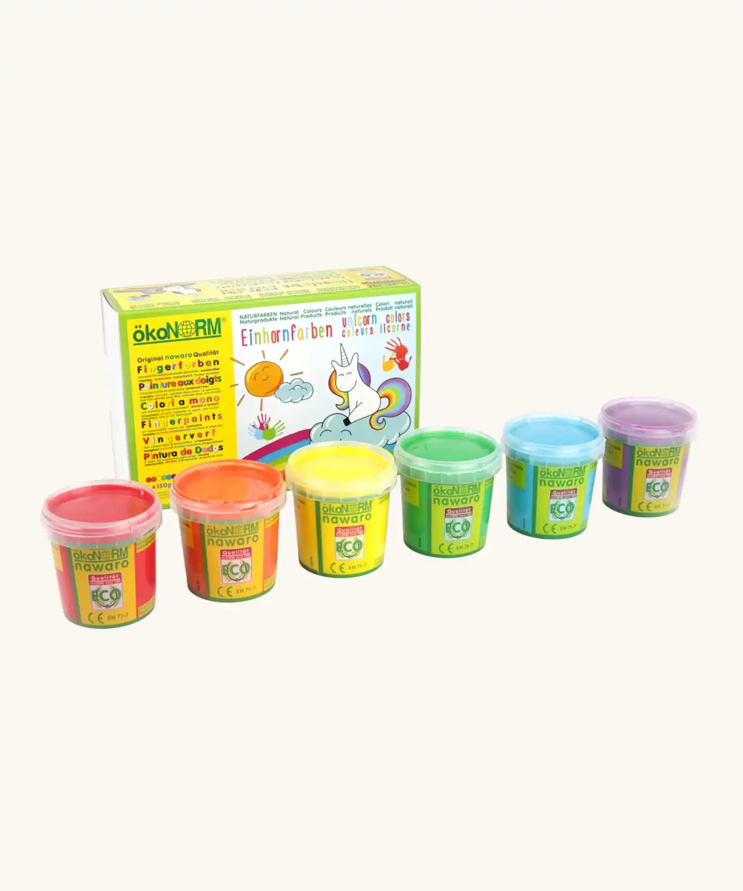 OkoNorm finger paints in 6 unicorn  colours, red, orange, yellow, green blue and purple pots lined up in front of the cardboard packing box.