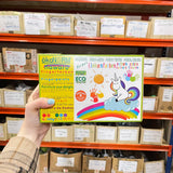 OkoNorm finger paints in 6 unicorn themed colours shown in the cardboard packaging box. 