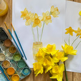 Watercolour daffodil painting created using the Okonorm 12 colour watercolour paints in a travel tin.