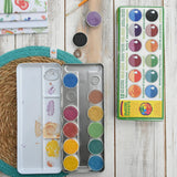  Okonorm 12 colour watercolour paints in a travel tin shown with some of the paint pods removed.