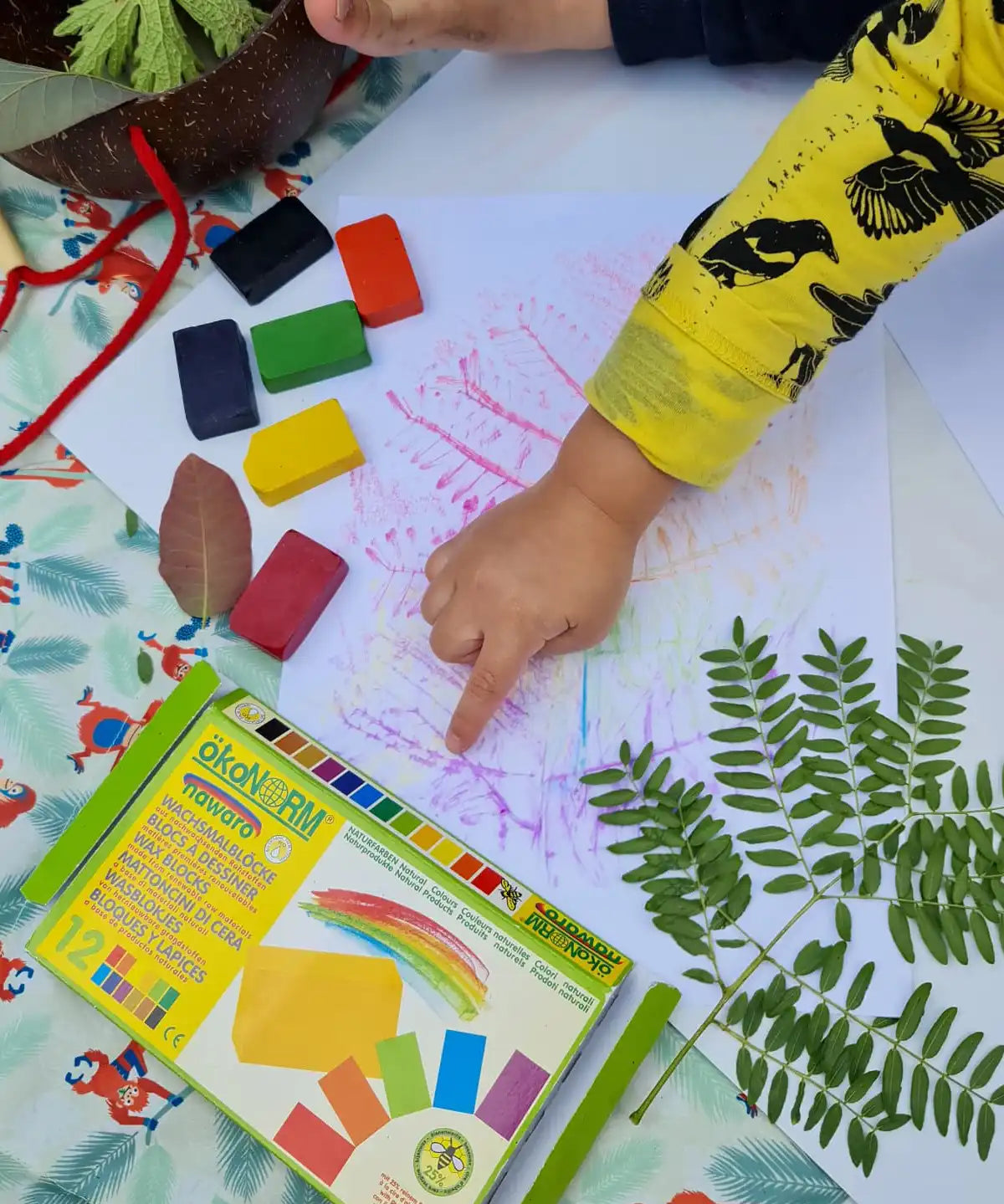 Children creating leaf rubbings with the Okonorm wax blocks from the 12 pack of rainbow colours.