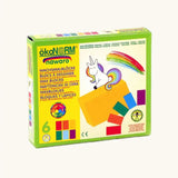 OkoNorm beeswax crayon blocks in a pack of 6 colours shown in their cardboard packaging.
