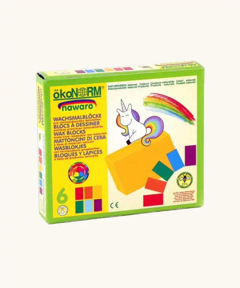OkoNorm beeswax crayon blocks in a pack of 6 colours shown in their cardboard packaging.