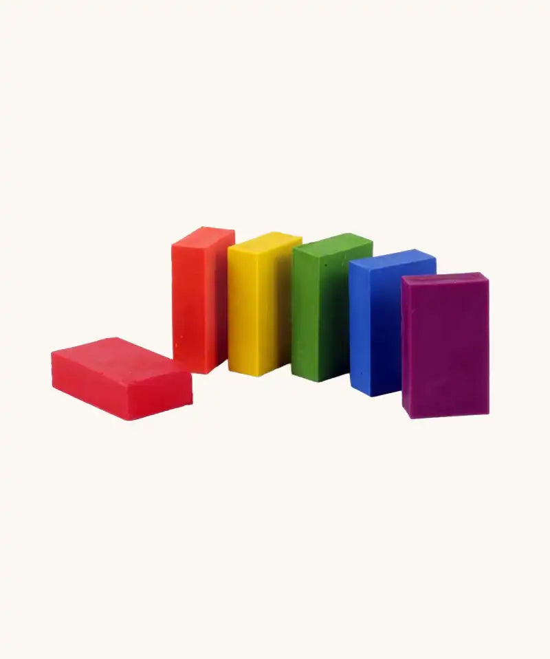OkoNorm beeswax crayon blocks in a pack of 6 colours. Blocks are pictured without the box.