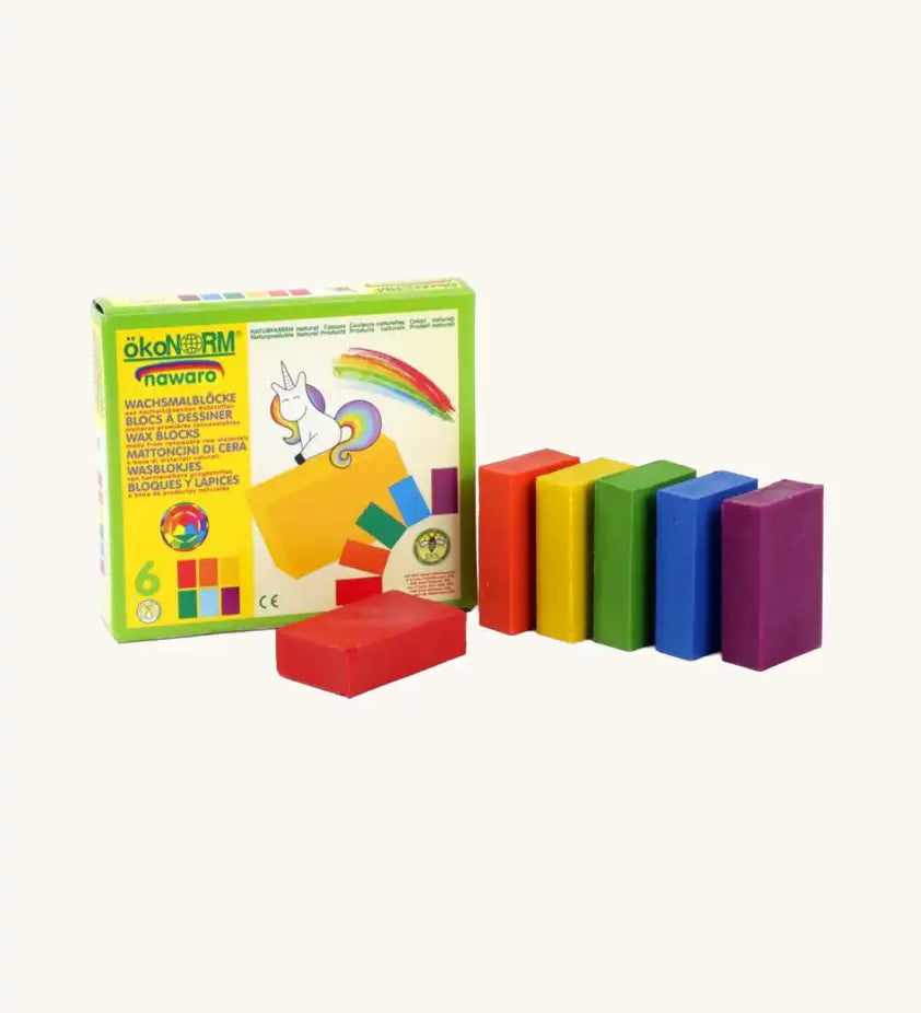 OkoNorm beeswax crayon blocks in a pack of 6 colours. Blocks are pictures besides the box.