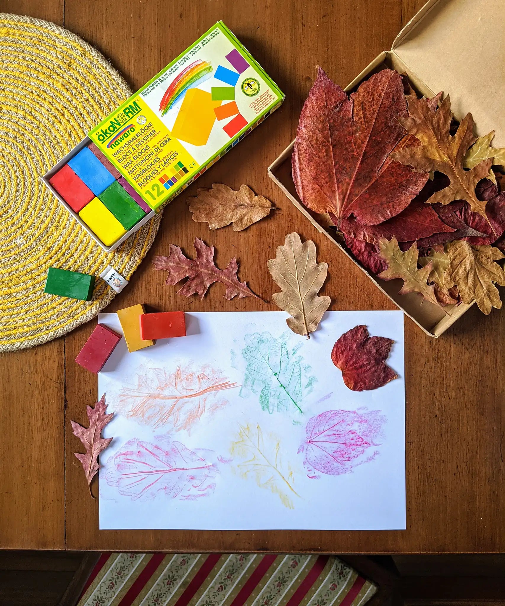 Leaf rubbings created using the OkoNorm wax crayon blocks from the 12 colour pack. 
