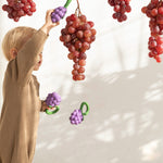 A child holding up an Oli & Carol Grape Rattle Teether Toy with a real bunch of grapes next to it