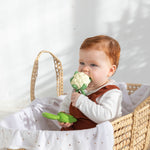 A baby sitting up in a moses back and chewing on an Oli & Carol Cauliflower Rattle Teether with a corn teether in the other hand