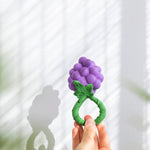 An adult's hand holding up the Oli & Carol Grape Rattle Teether