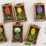 Collection of six Oli & Carol Rattle Teether Toys pictured in their cardboard packaging boxes