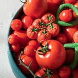 Oli & Carol Tomato Rattle Teether pictured in a bowl of real tomatoes