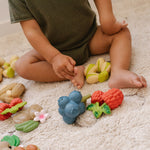 Close up of the oli and carol fruit and nut natural rubber baby teething toys laid out on a carpet in front of a childs feet