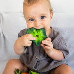 Young child sat down holding the Oli & Carol natural rubber kale baby teething toy in its mouth