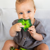 Young child sat down holding the Oli & Carol natural rubber kale baby teething toy in its mouth