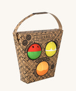 Oli & Carol Fruit Salad Baby Sensory Balls including a watermelon, lemon and tangerine in their cardboard basket shaped packaging