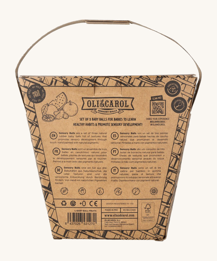 The back of a packet of Oli & Carol Fruit Salad Baby Sensory Balls