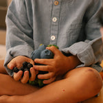 Close up a child holding a bunch of real blueberries next to the oli and carol eco-friendly natural rubber jerry blueberry toy
