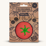 Oli & Carol 100% Natural Rubber Baby Sensory Ball - Tomato in it'd card packaging sleeve.
