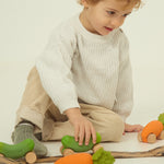 A different angle showing the Oli & Carol Cathy The Carrot Baby Car. A fun orange carrot car with a green leafy top