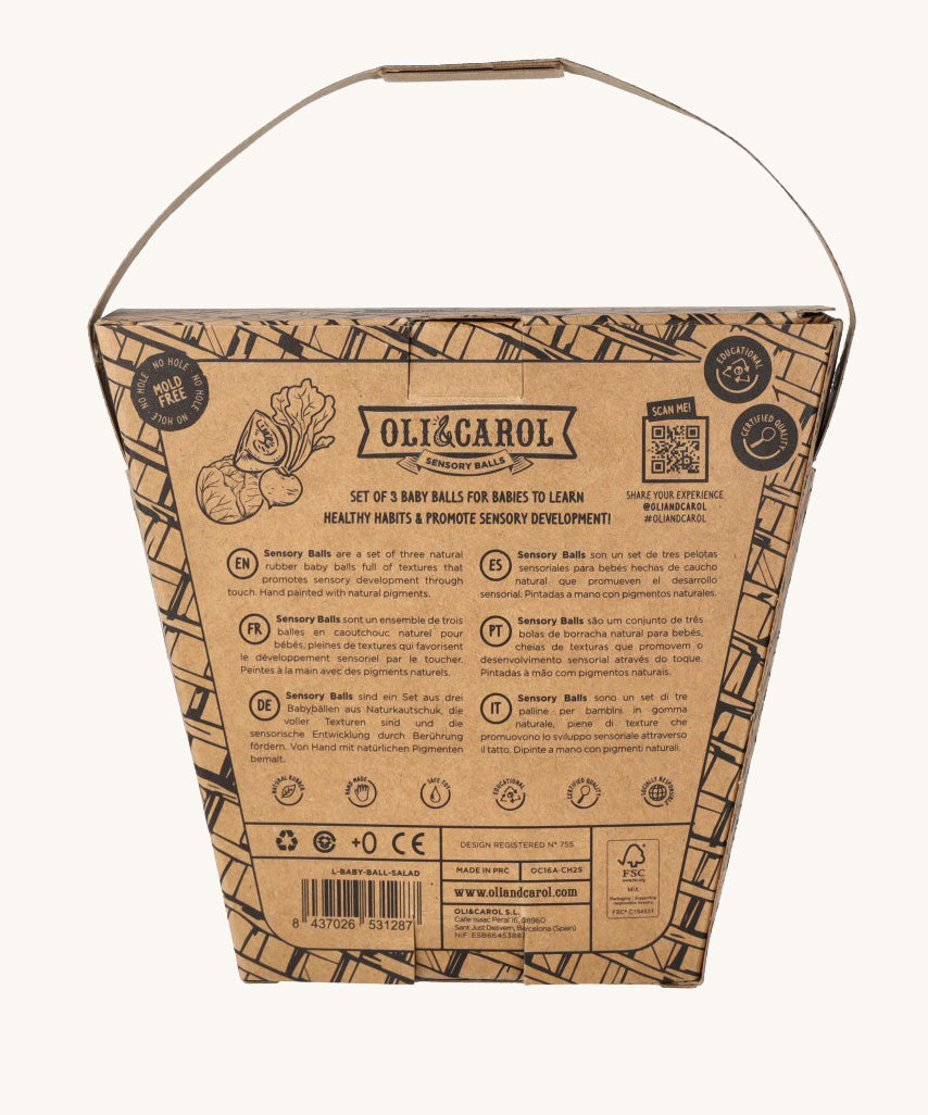 The back of a packet of Oli & Carol Veggie Salad Baby Sensory Balls in their basket shaped cardboard packaging