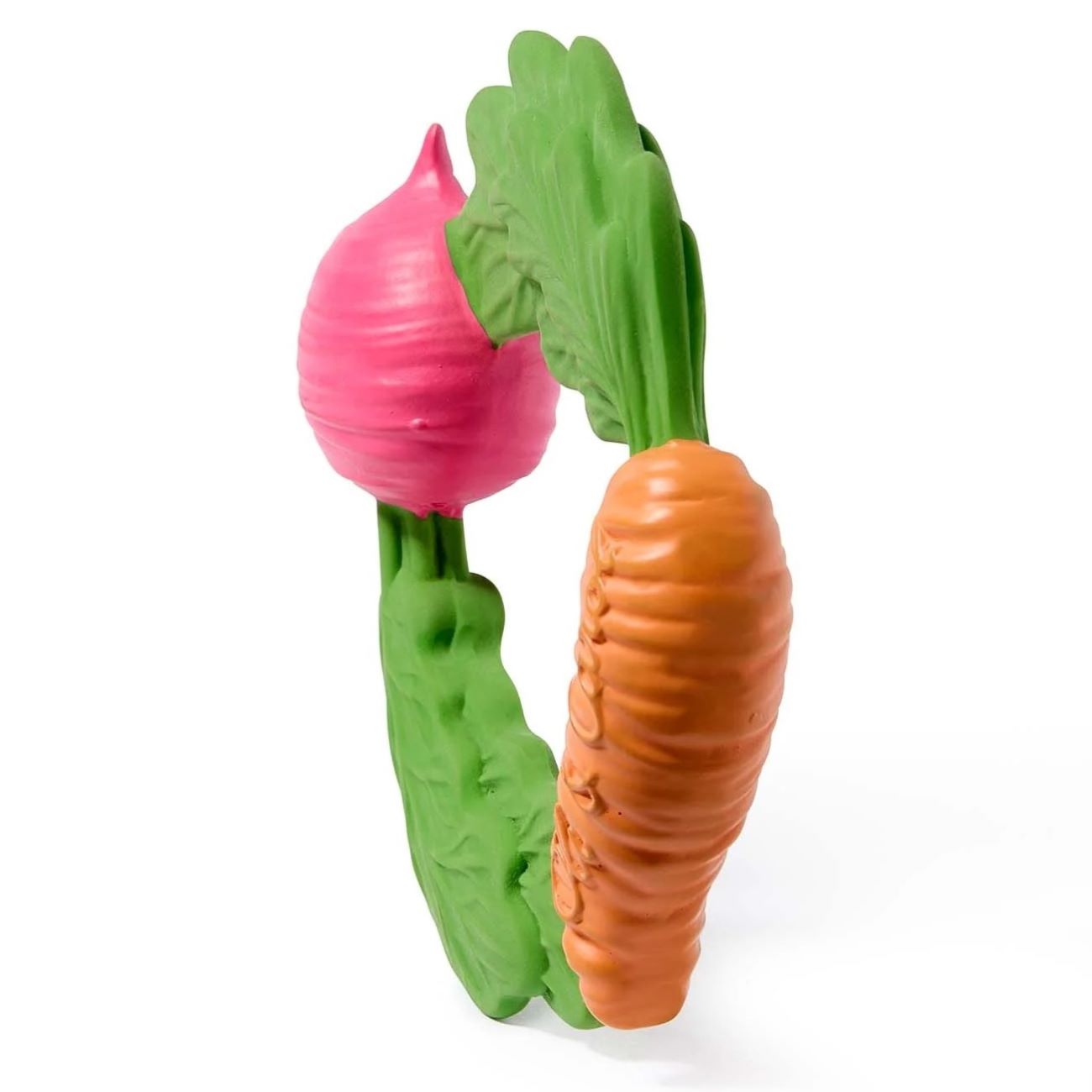 A side view of the Oli & Carol 100% Natural Rubber Baby Teething Ring - Veggie on a plain background. 