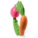A side view of the Oli & Carol 100% Natural Rubber Baby Teething Ring - Veggie on a plain background. 