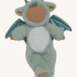 Olli Ella Ash cozy dinkum doll available at Babipur. A soft and fluffy pale green doll with a cute sleepy face and ears. Dinkum doll has sparkling green dragon wings and horns