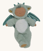 Olli Ella Ash cozy dinkum doll available at Babipur. A soft and fluffy pale green doll with a cute sleepy face and ears. Dinkum doll has sparkling green dragon wings and horns