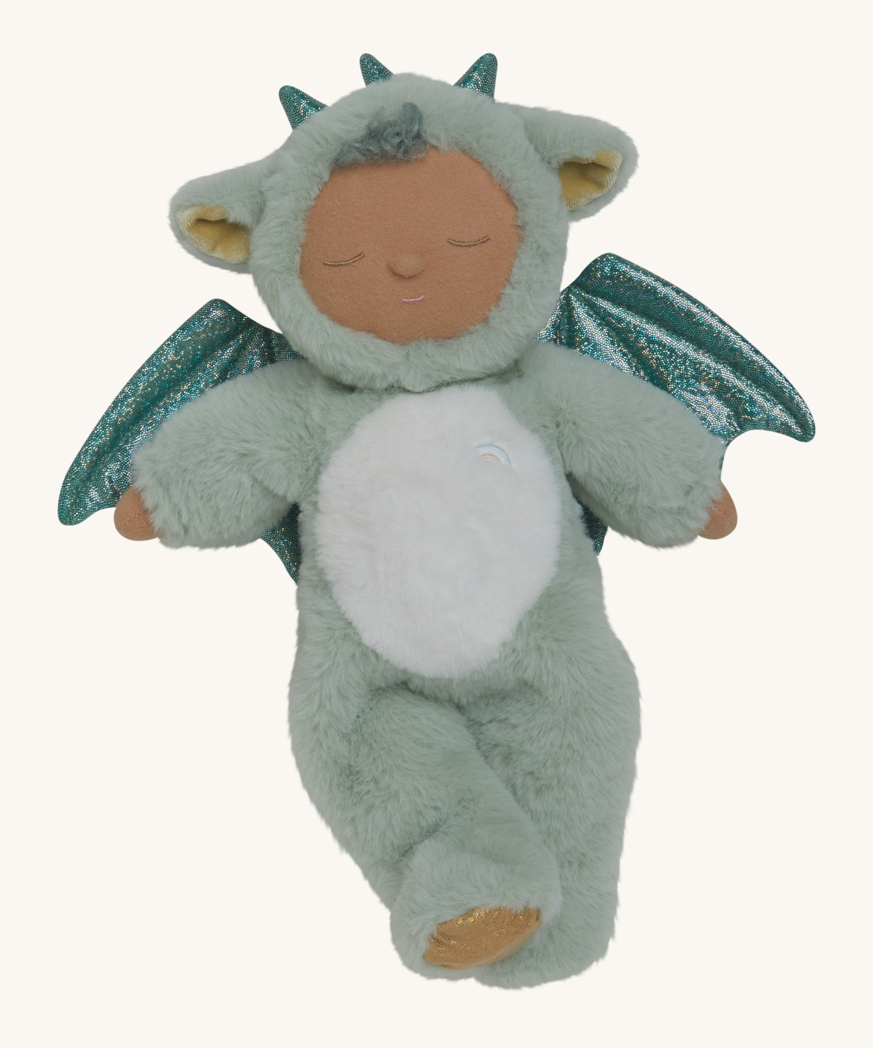 Olli Ella Ash cozy dinkum doll available at Babipur. A soft and fluffy pale green doll with a cute sleepy face and ears. Dinkum doll has sparkling green dragon wings and horns