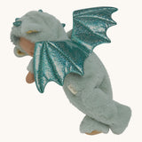 Olli Ella Ash cozy dinkum doll posing and showing the the sparkling green dragon wings detail.
