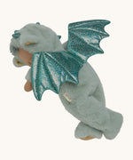 Olli Ella Ash cozy dinkum doll posing and showing the the sparkling green dragon wings detail.