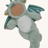 Olli Ella Ash cozy dinkum doll available at Babipur. A soft and fluffy green doll with a white torso and sparkling green dragon features