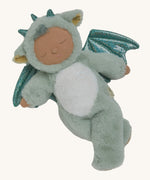 Olli Ella Ash cozy dinkum doll available at Babipur. A soft and fluffy green doll with a white torso and sparkling green dragon features