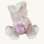 The baby unicorn toy is positioned to sit upright, and is holding the magnetic dummy